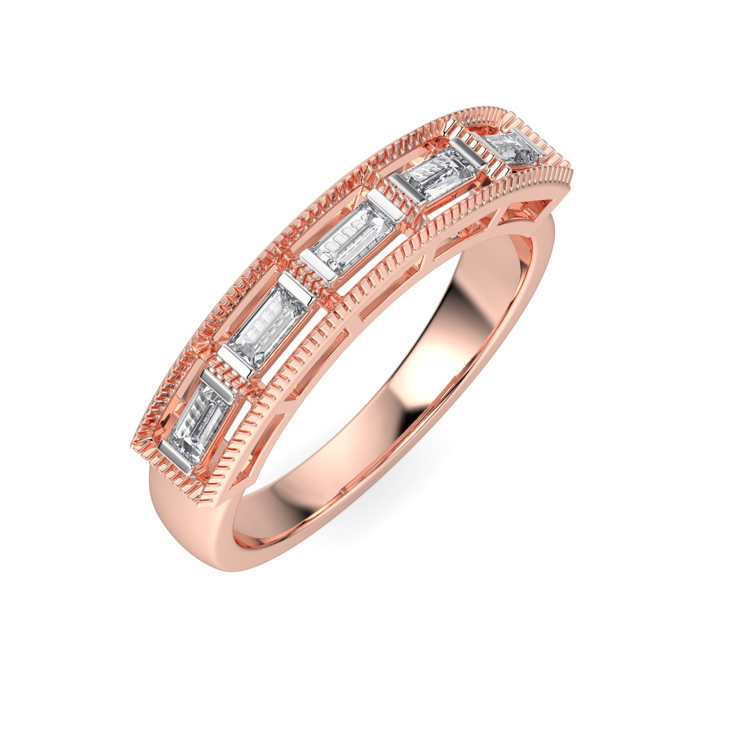 Close-up of the milgrain detailing on the 18kt Rose Gold Baguette Diamond Eternity Band