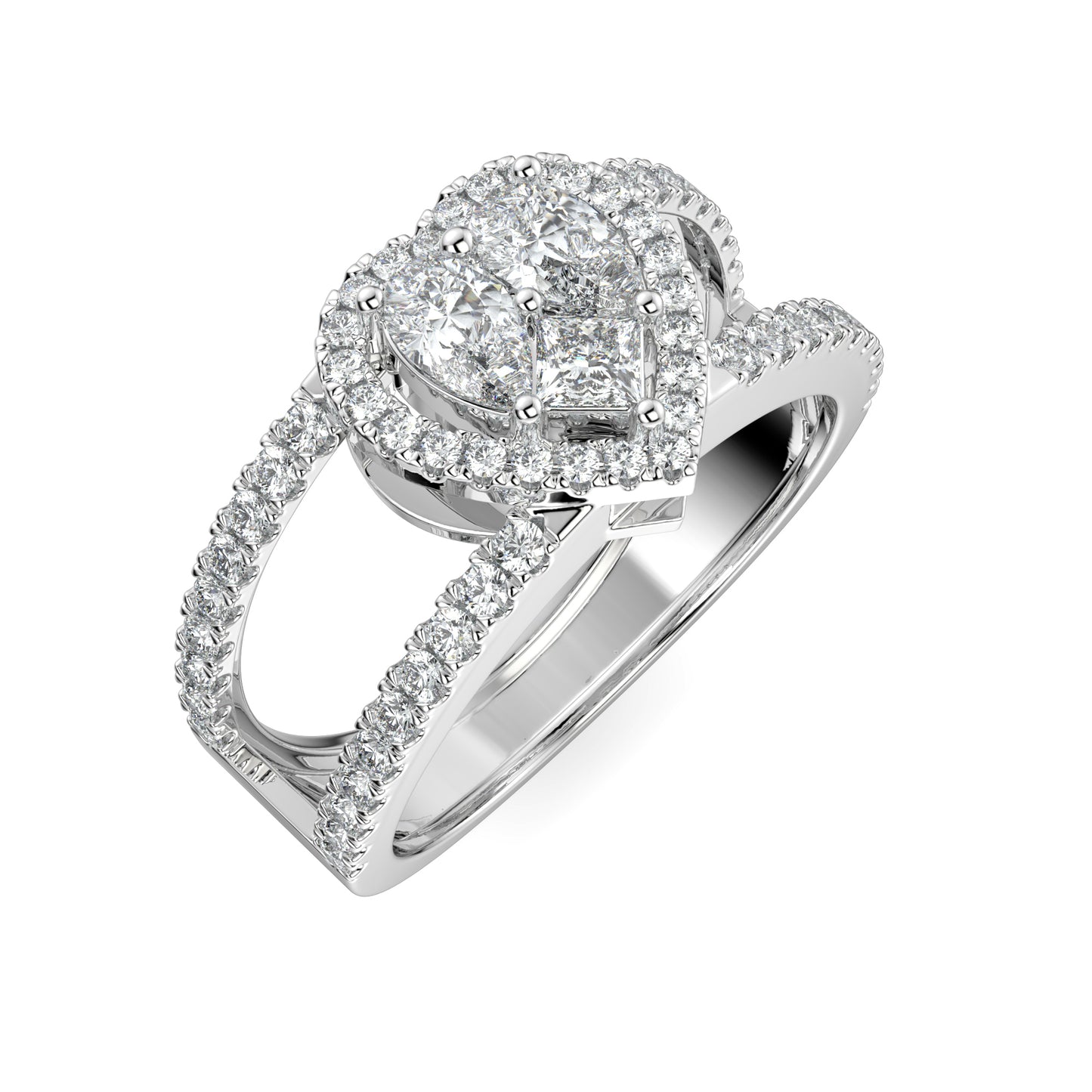 Upper view of the Heart-shaped diamond engagement ring in 18kt White Gold with a halo and a split shank