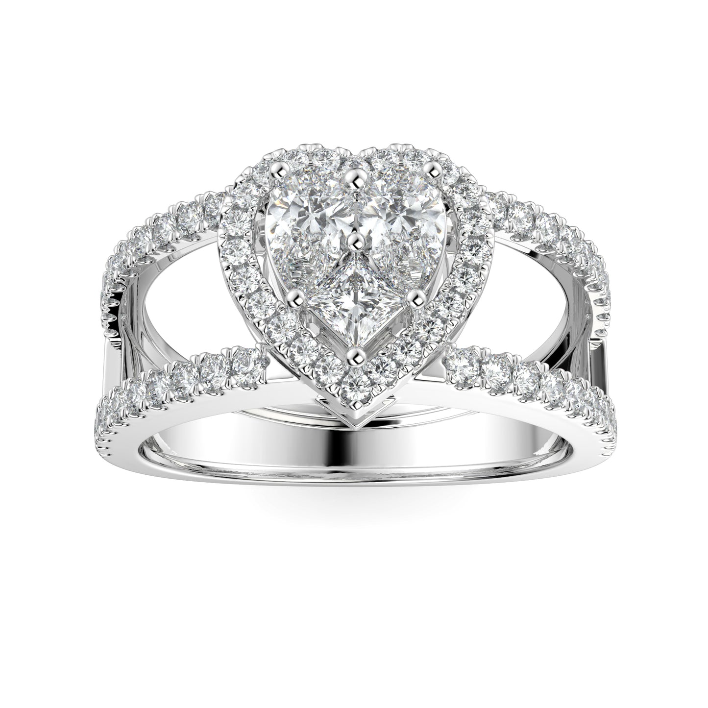 A heart-shaped diamond ring with a halo of brilliant cut diamonds set in 18kt white gold.