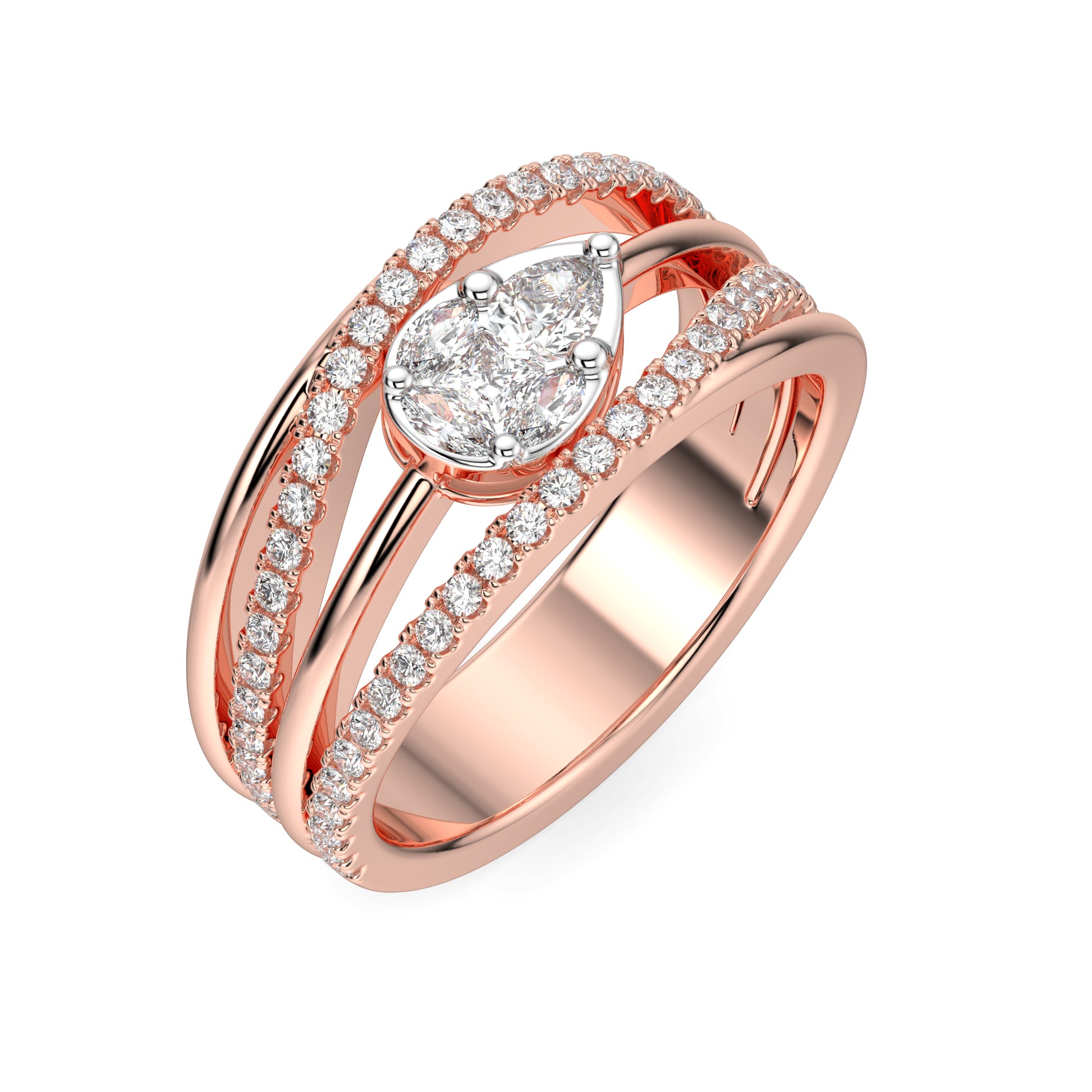 Upper view of the Diamond Crossover Ring in 18kt Rose Gold with a pear-shaped center stone