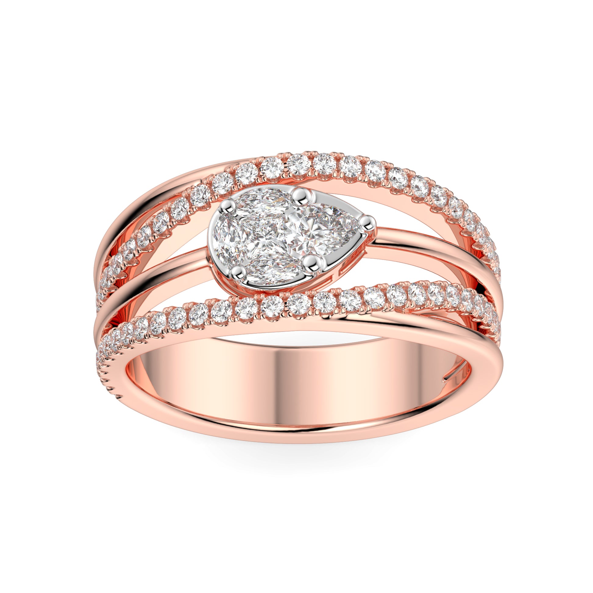 A rose gold diamond crossover ring featuring a central pear-cut diamond with smaller brilliant cut diamonds set in the bands.